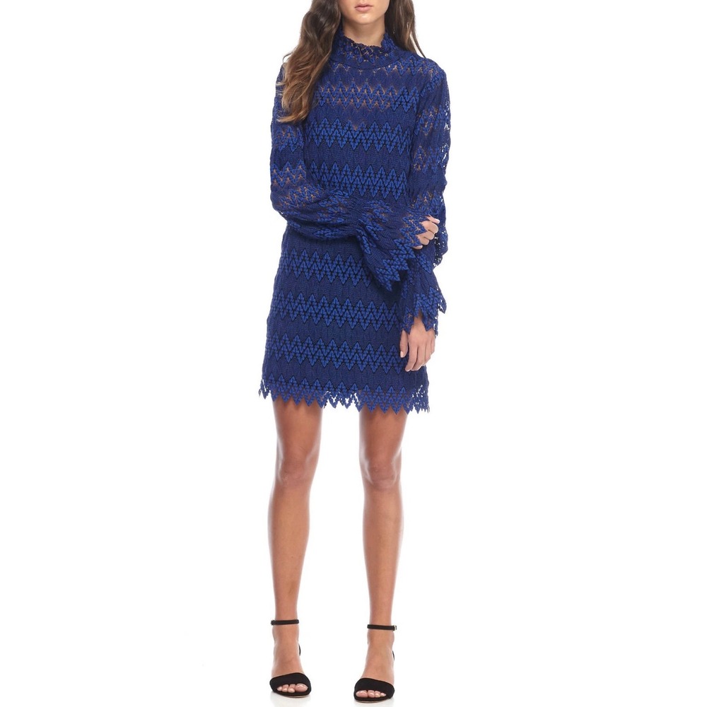 FREE PEOPLE Simone Mock Neck Mini Dress Bell Sleeves Crochet Lace Cobalt Blue [M